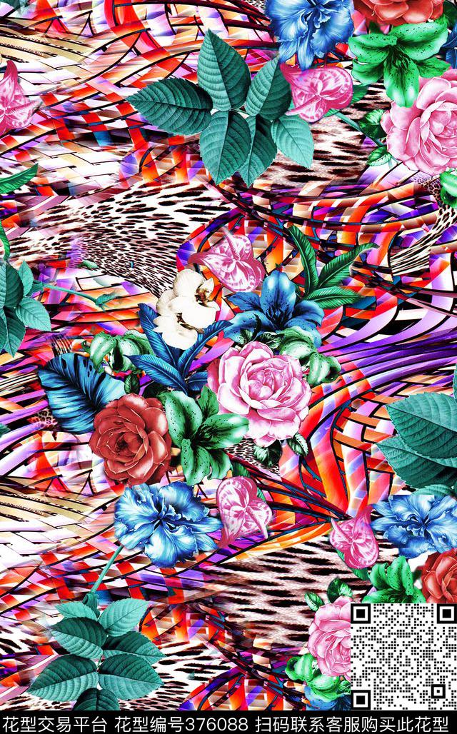 豹纹编织花卉数码印花华亿平台下载（图片编号: 376088） - 瓦栏（Walan）