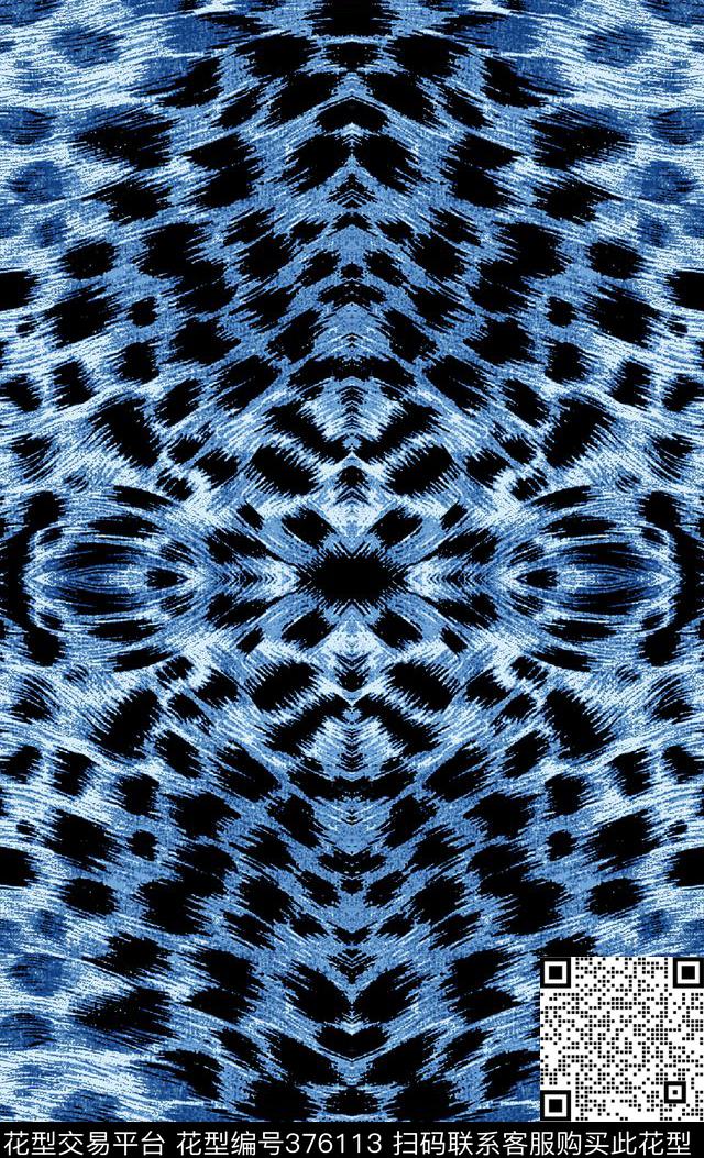 动物纹理豹纹蓝色对称花卉传统印花华亿平台下载（图片编号: 376113） - 瓦栏（Walan）