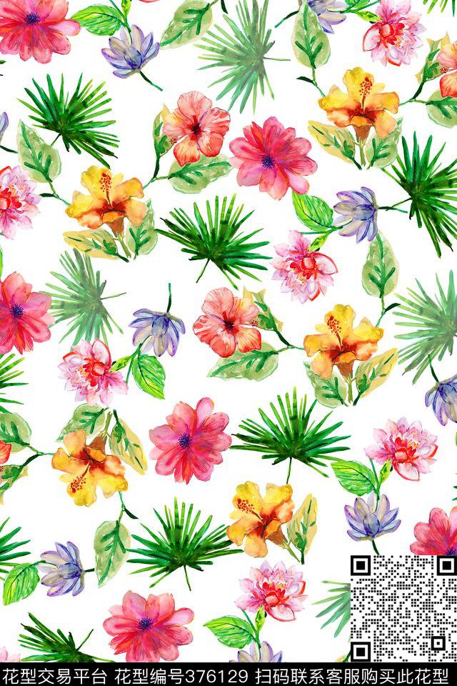 清新水彩白底文艺田园数码印花华亿平台下载（图片编号: 376129） - 瓦栏（Walan）