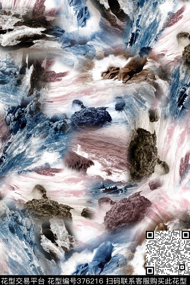 瀑布水石头夏日清凉数码印花华亿平台下载（图片编号: 376216） - 瓦栏（Walan）