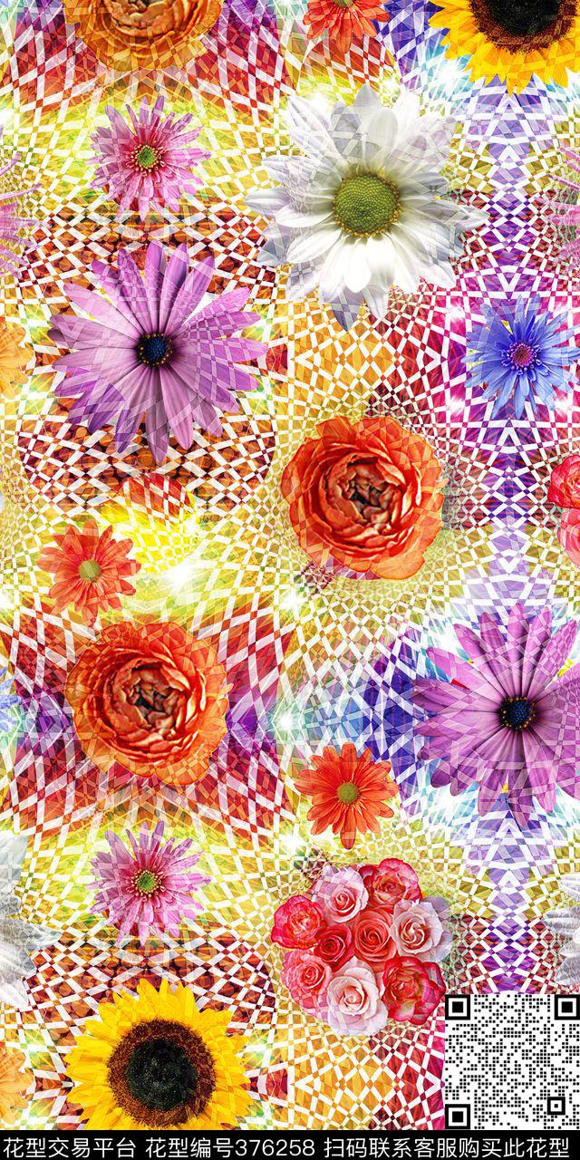 几何网状花卉数码印花华亿平台下载（图片编号: 376258） - 瓦栏（Walan）