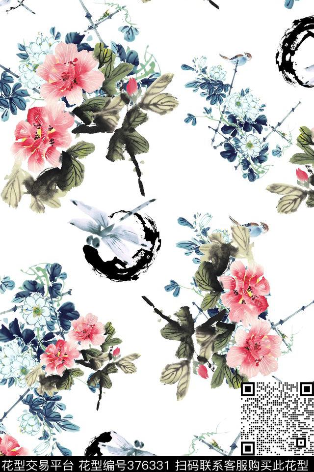 中国风国画花卉蜻蜓数码印花华亿平台下载（图片编号: 376331） - 瓦栏（Walan）