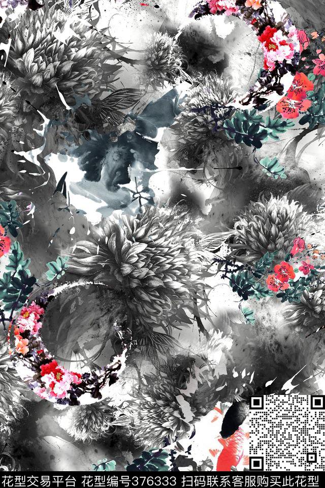 水墨花卉国画数码印花华亿平台下载（图片编号: 376333） - 瓦栏（Walan）