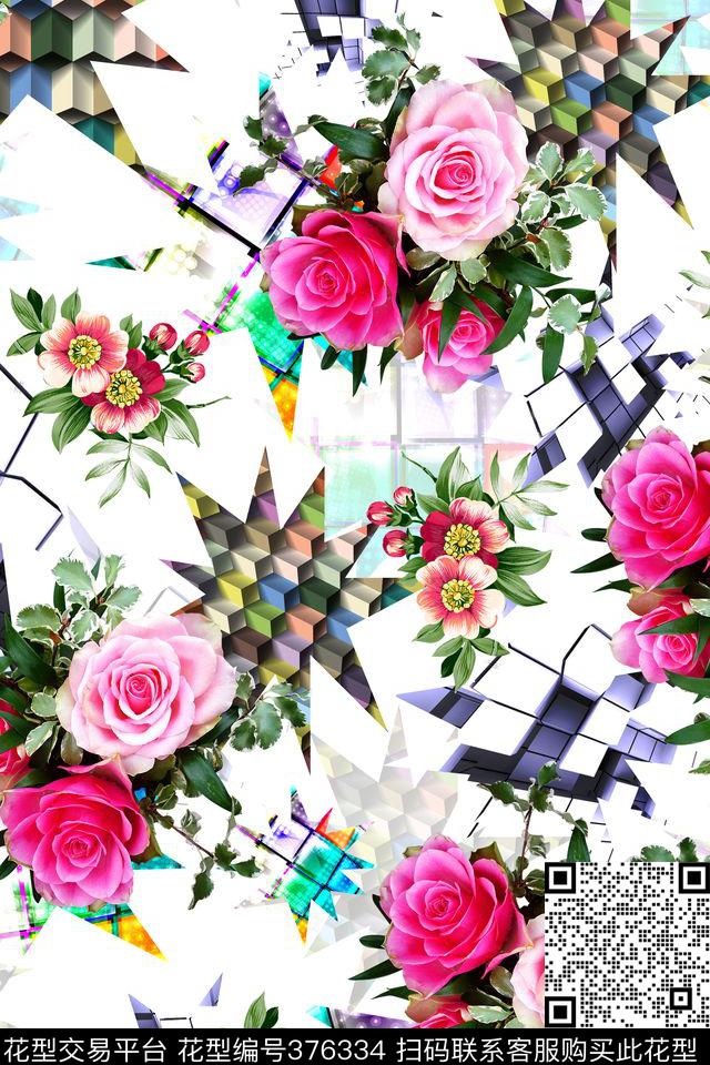 3D几何花卉数码印花华亿平台下载（图片编号: 376334） - 瓦栏（Walan）