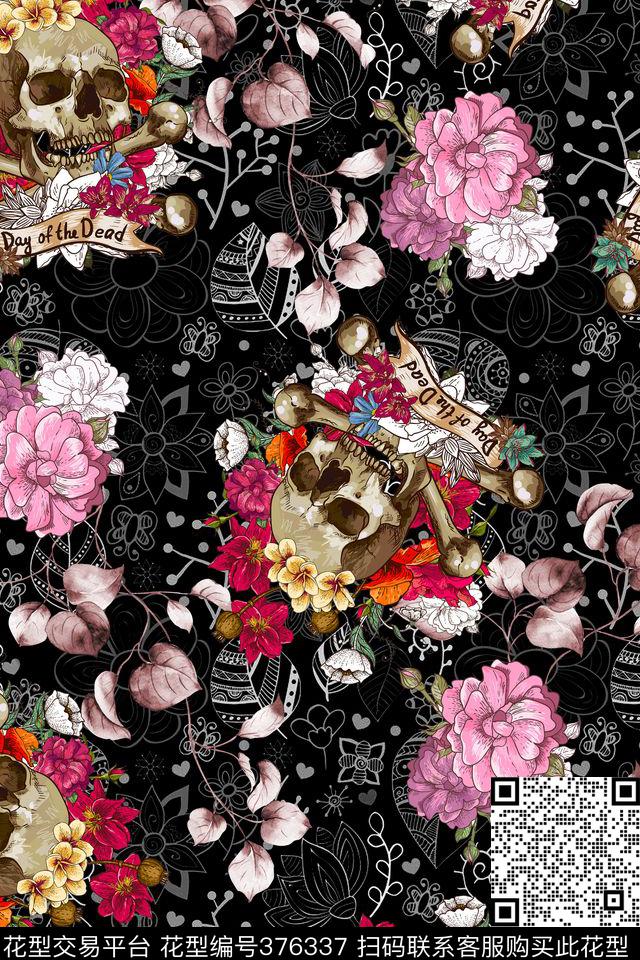 骷髅头花卉数码印花华亿平台下载（图片编号: 376337） - 瓦栏（Walan）