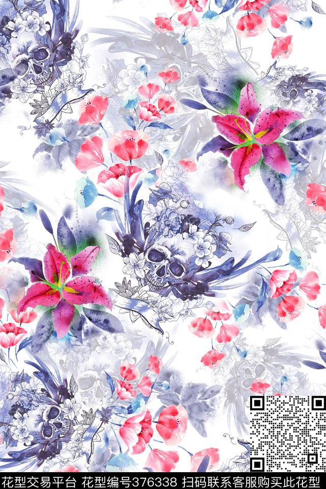 水墨花卉骷髅头数码印花华亿平台下载（图片编号: 376338） - 瓦栏（Walan）
