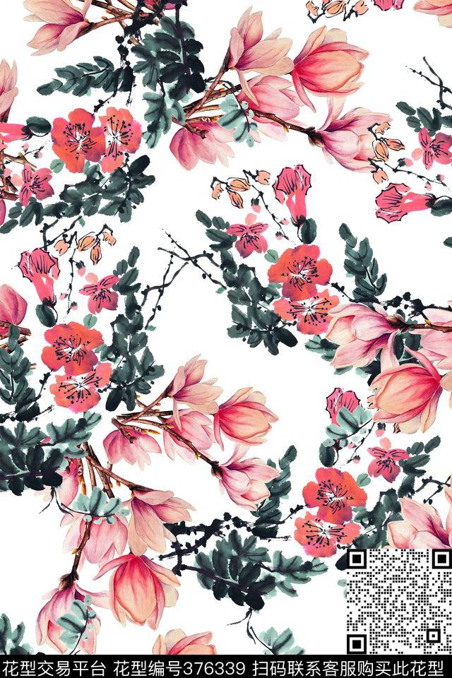 国画树枝花卉数码印花华亿平台下载（图片编号: 376339） - 瓦栏（Walan）