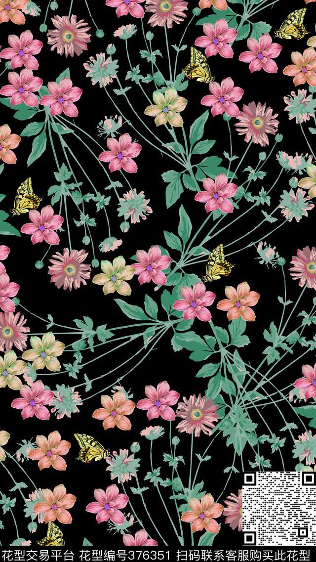 复古蝴蝶花卉传统印花华亿平台下载（图片编号: 376351） - 瓦栏（Walan）