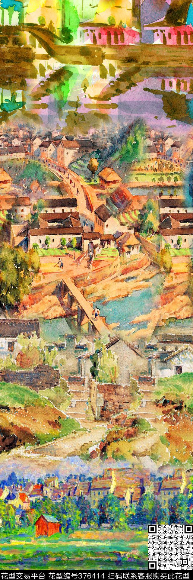 水彩风景欧美连衣裙风景数码印花华亿平台下载（图片编号: 376414） - 瓦栏（Walan）