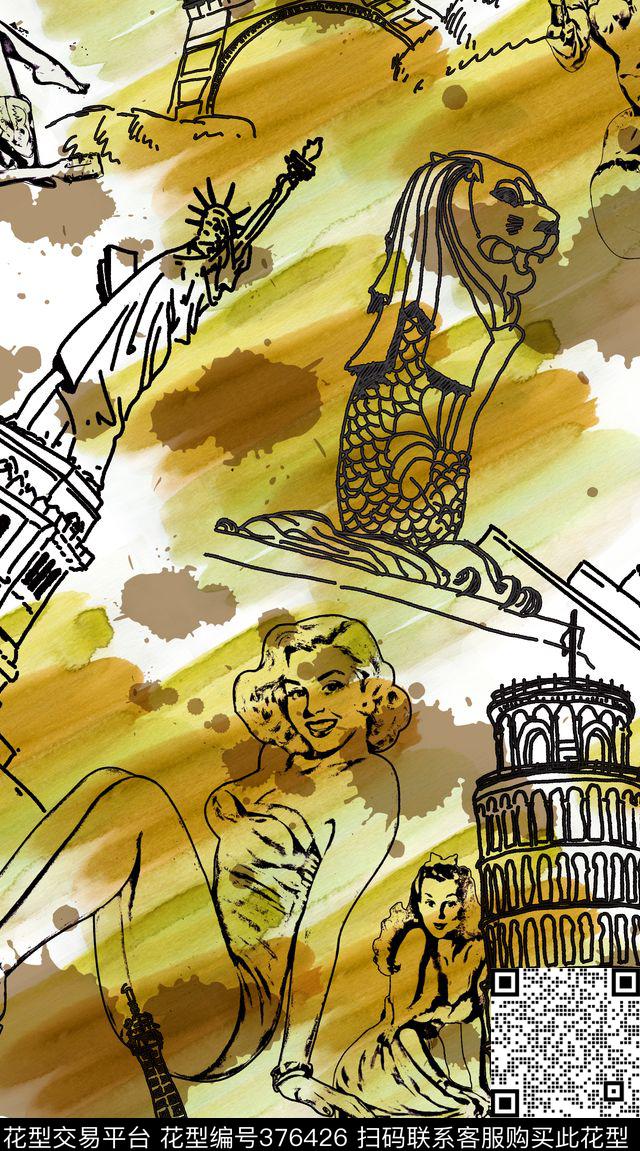 素描建筑女郎数码印花华亿平台下载（图片编号: 376426） - 瓦栏（Walan）