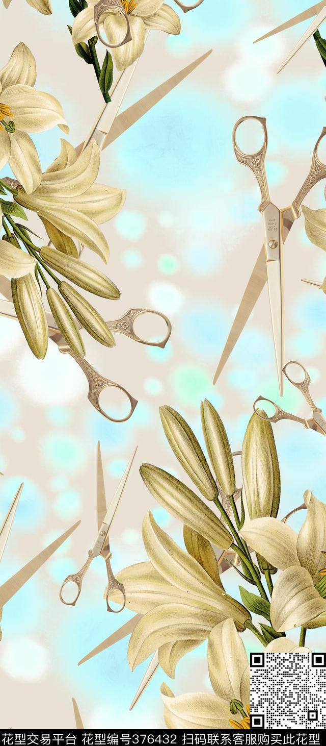 百合剪刀植物花卉数码印花华亿平台下载（图片编号: 376432） - 瓦栏（Walan）