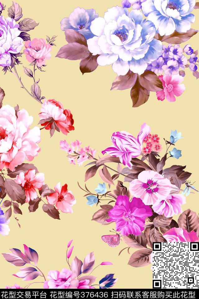 花卉手绘清新数码印花华亿平台下载（图片编号: 376436） - 瓦栏（Walan）