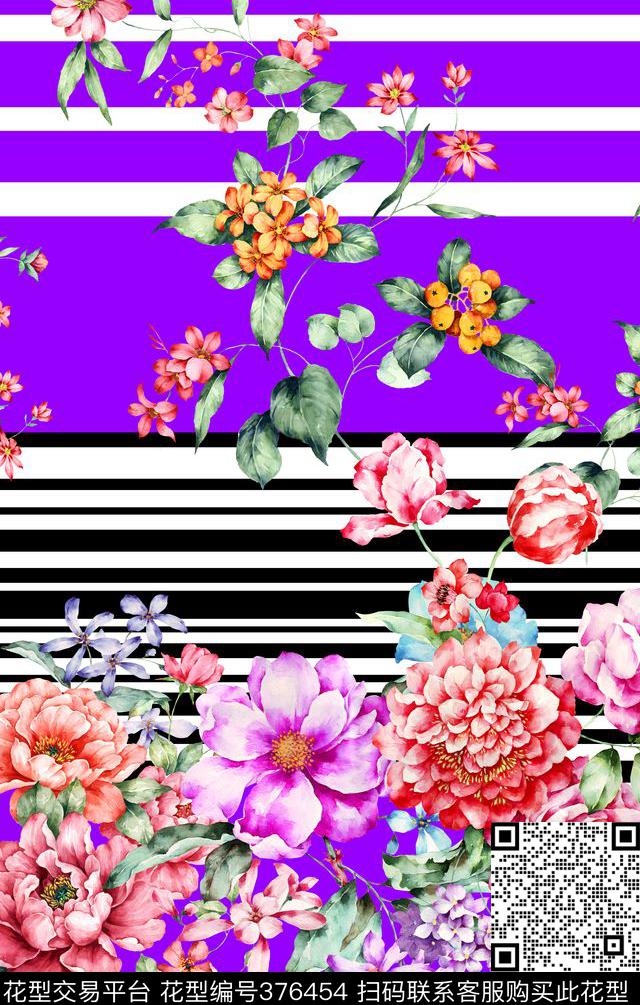 花卉条纹色块数码印花华亿平台下载（图片编号: 376454） - 瓦栏（Walan）