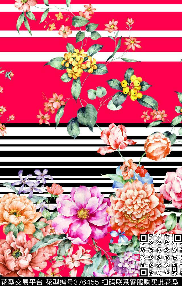 花卉条纹色块数码印花华亿平台下载（图片编号: 376455） - 瓦栏（Walan）