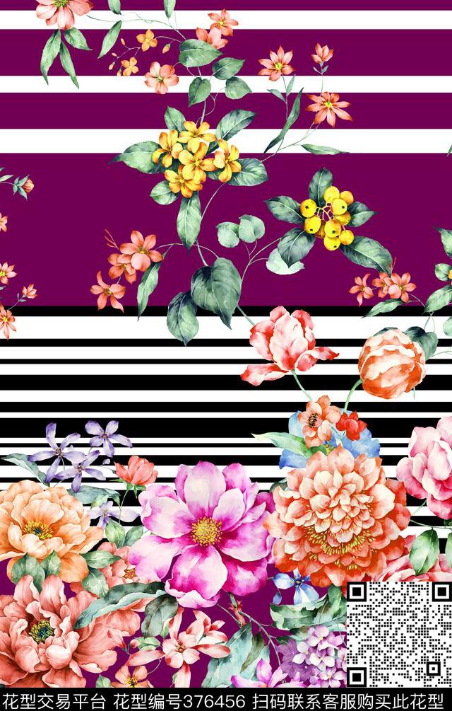 花卉条纹色块数码印花华亿平台下载（图片编号: 376456） - 瓦栏（Walan）
