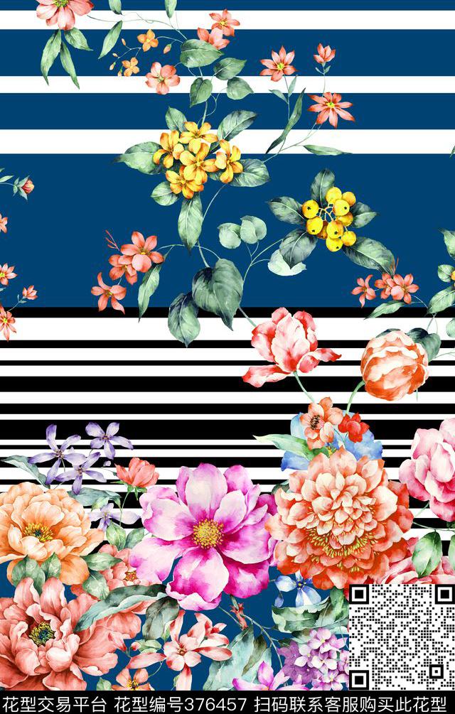 花卉条纹色块数码印花华亿平台下载（图片编号: 376457） - 瓦栏（Walan）