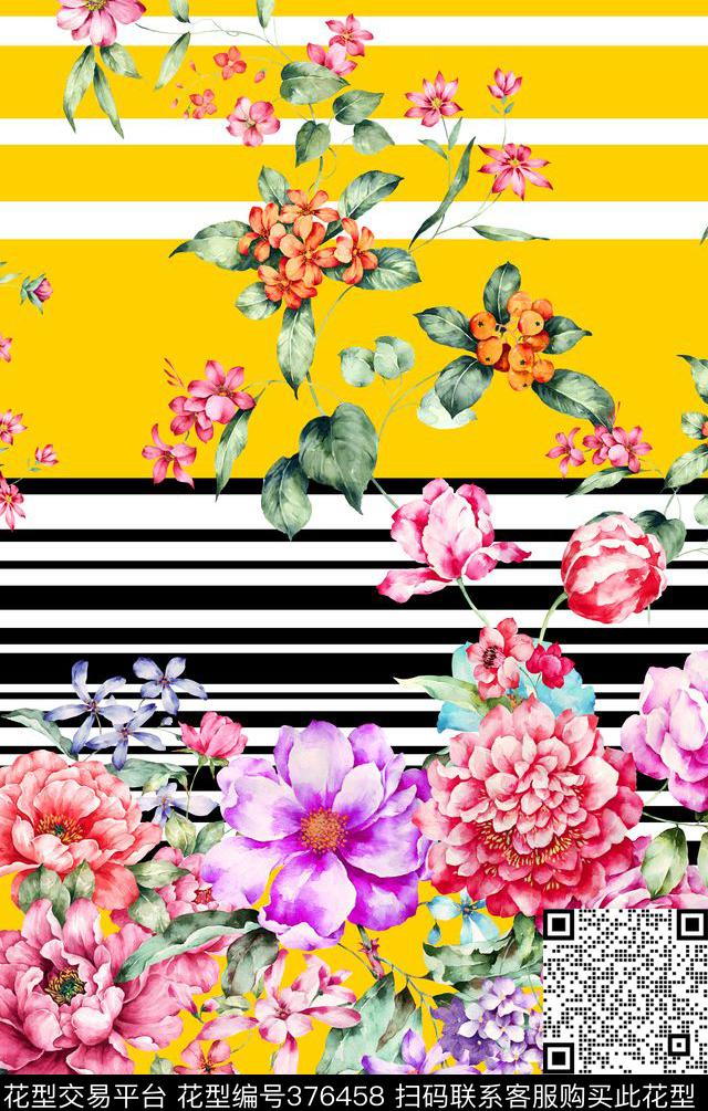花卉条纹色块数码印花华亿平台下载（图片编号: 376458） - 瓦栏（Walan）