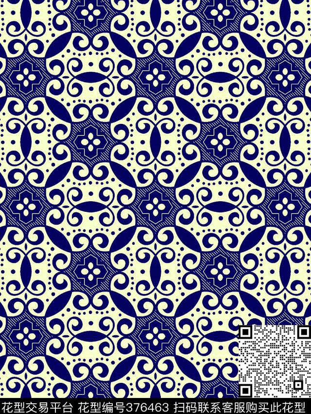 单色靛蓝小华亿平台传统印花华亿平台下载（图片编号: 376463） - 瓦栏（Walan）