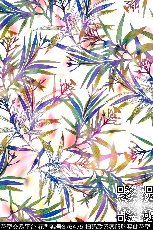 热带树叶光合效果白底休闲数码印花华亿平台下载（图片编号: 376475） - 瓦栏（Walan）