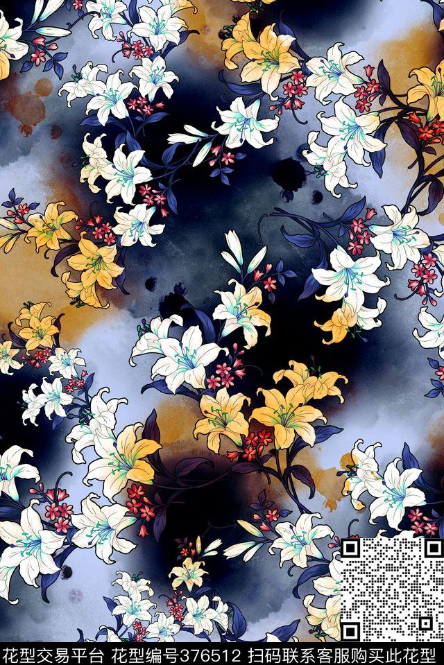 水墨百合花卉数码印花华亿平台下载（图片编号: 376512） - 瓦栏（Walan）