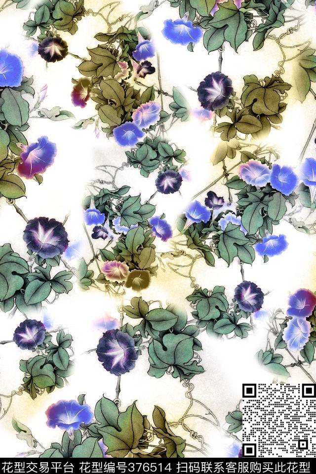 水彩水墨花卉数码印花华亿平台下载（图片编号: 376514） - 瓦栏（Walan）
