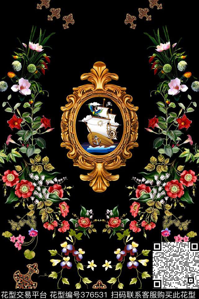 黑底欧式鲜花数码印花华亿平台下载（图片编号: 376531） - 瓦栏（Walan）