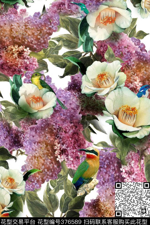 中国风花卉小鸟数码印花华亿平台下载（图片编号: 376589） - 瓦栏（Walan）