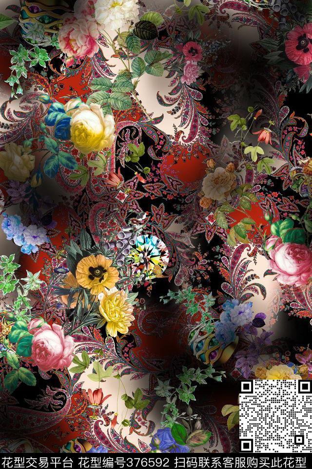 欧式佩斯利花卉数码印花华亿平台下载（图片编号: 376592） - 瓦栏（Walan）