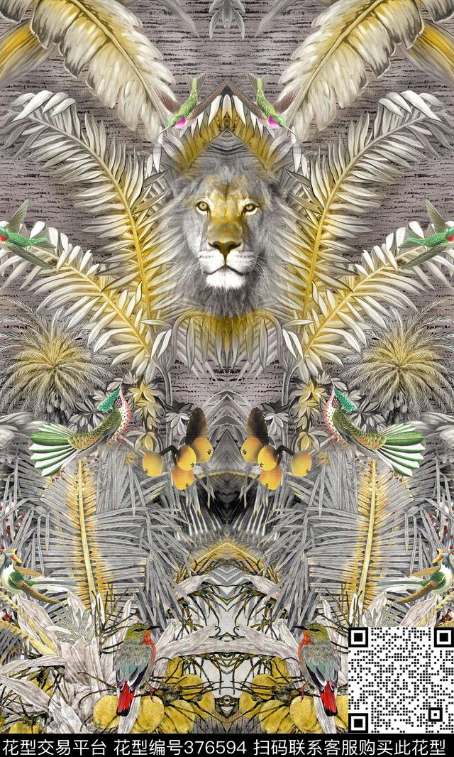 狮子时尚棕榈树数码印花华亿平台下载（图片编号: 376594） - 瓦栏（Walan）