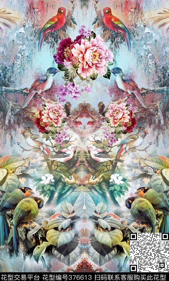 中国风花鸟牡丹数码印花华亿平台下载（图片编号: 376613） - 瓦栏（Walan）