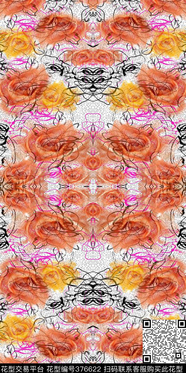 线条花卉小花数码印花华亿平台下载（图片编号: 376622） - 瓦栏（Walan）