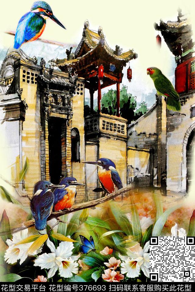 水彩民居花鸟江南数码印花华亿平台下载（图片编号: 376693） - 瓦栏（Walan）