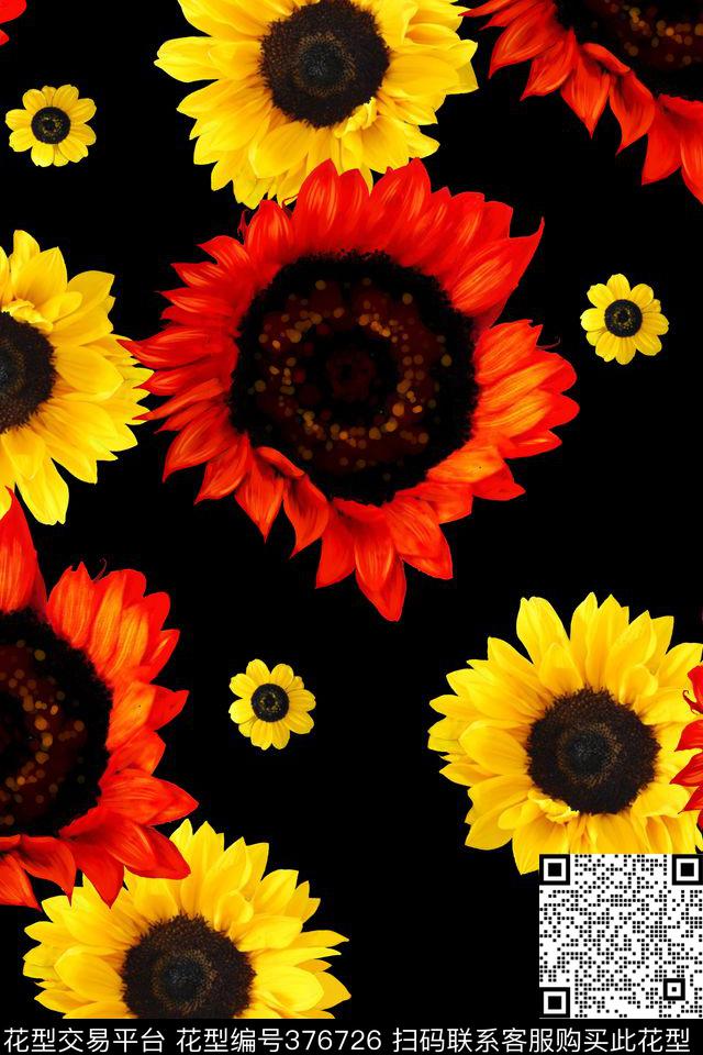 向日葵团花数码印花华亿平台下载（图片编号: 376726） - 瓦栏（Walan）