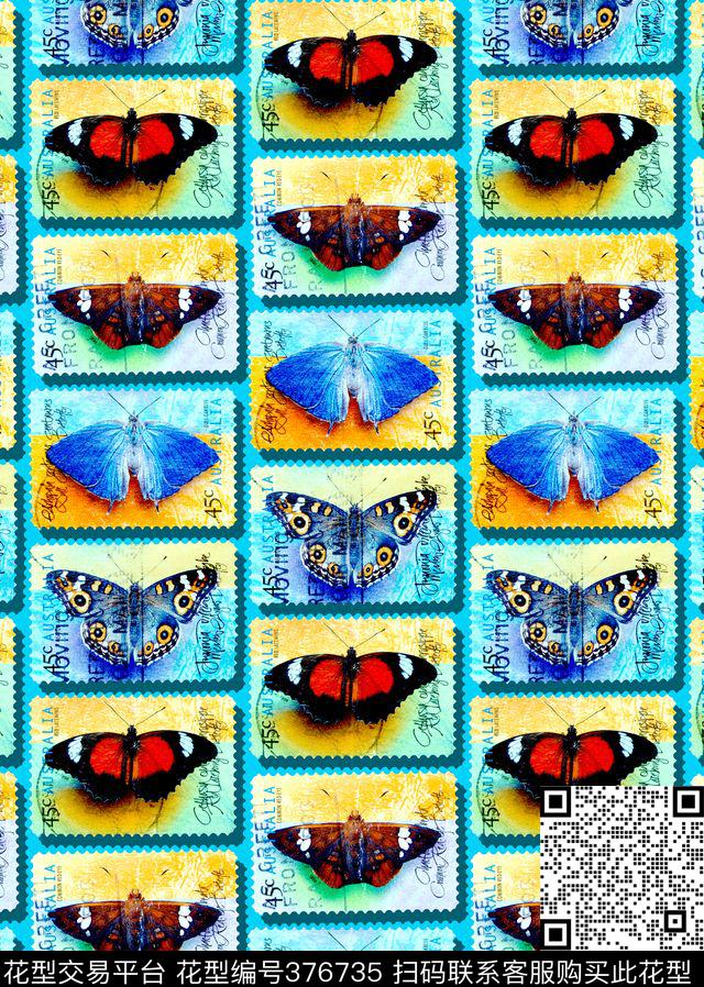 复古邮票蝴蝶数码印花华亿平台下载（图片编号: 376735） - 瓦栏（Walan）