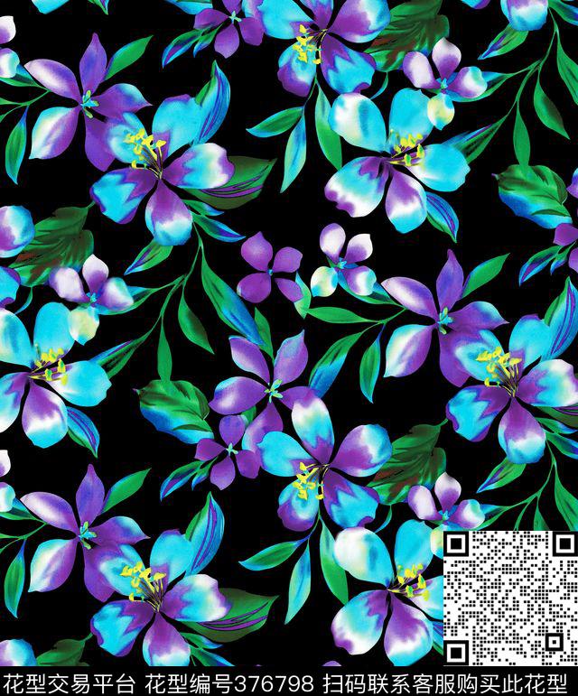 黑底水彩花传统印花华亿平台下载（图片编号: 376798） - 瓦栏（Walan）