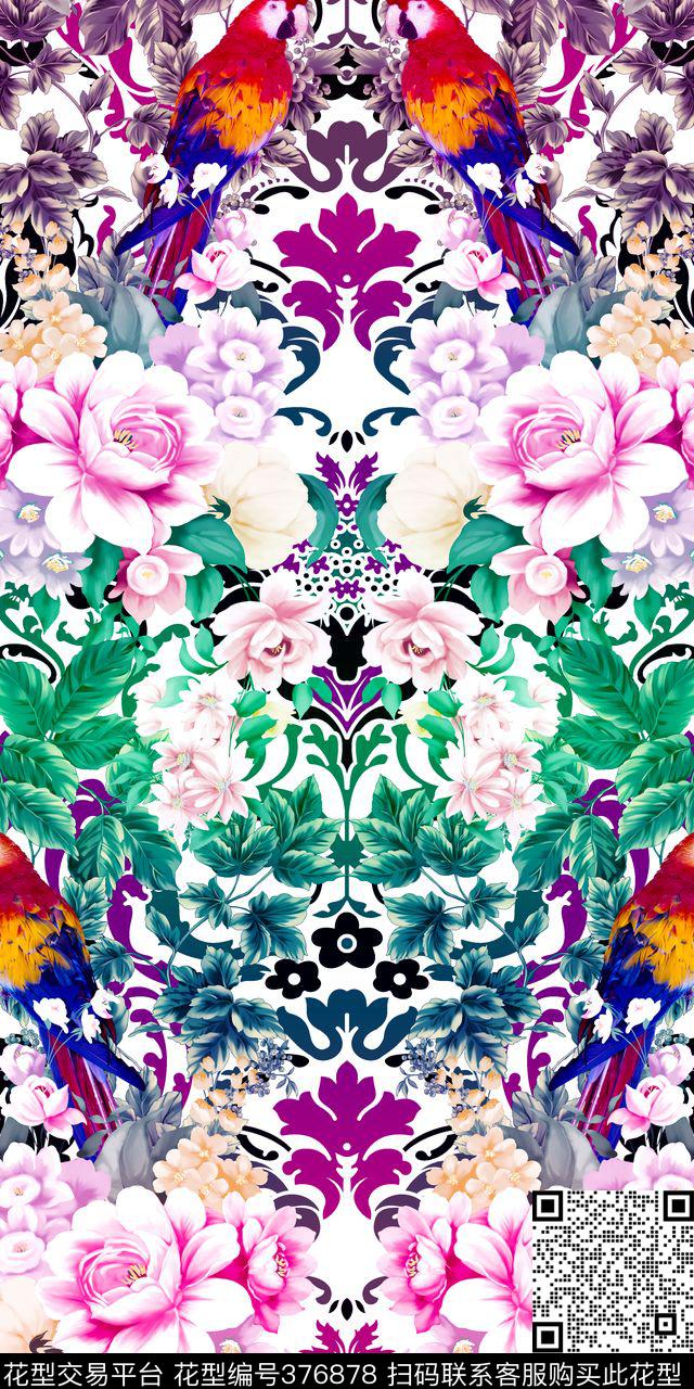 花卉鹦鹉对称数码印花华亿平台下载（图片编号: 376878） - 瓦栏（Walan）