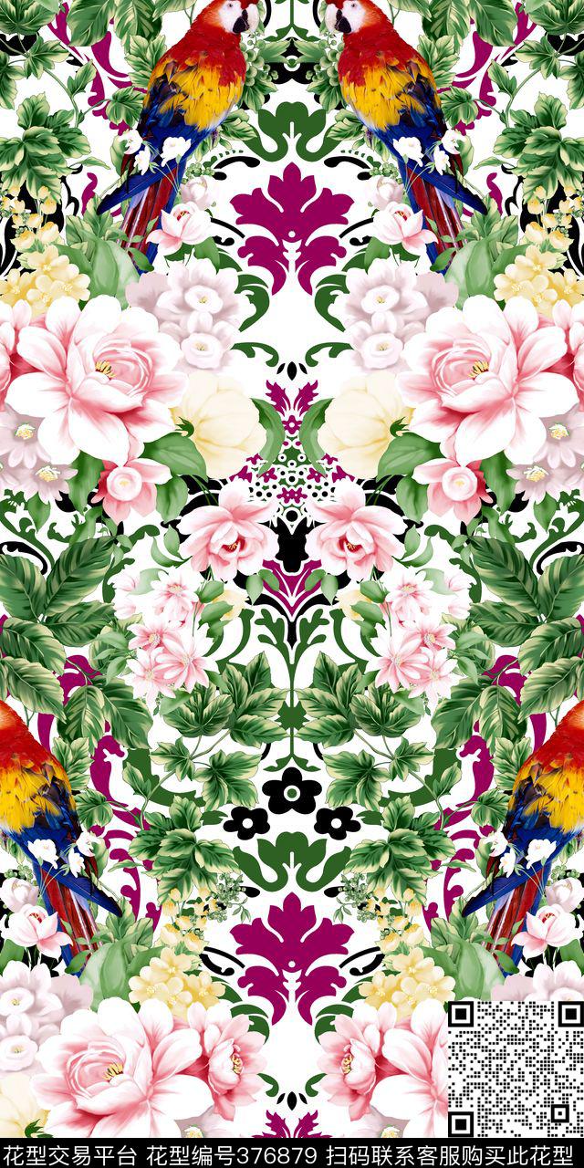 花卉鹦鹉对称数码印花华亿平台下载（图片编号: 376879） - 瓦栏（Walan）