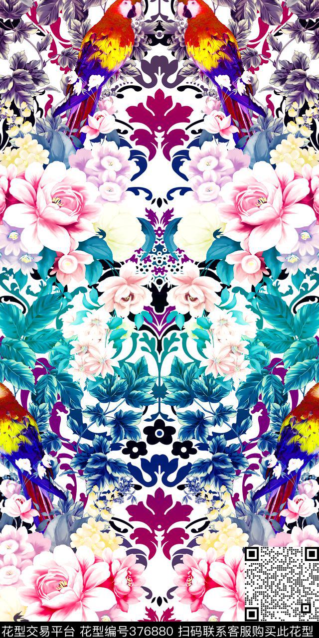 花卉鹦鹉对称数码印花华亿平台下载（图片编号: 376880） - 瓦栏（Walan）