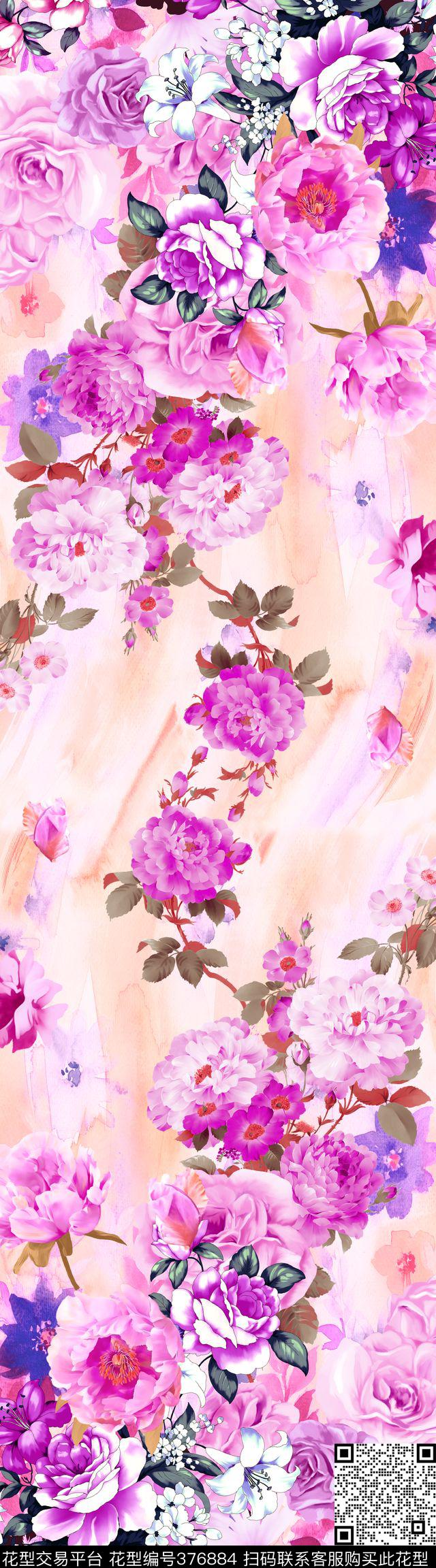 花卉背景长巾数码印花华亿平台下载（图片编号: 376884） - 瓦栏（Walan）