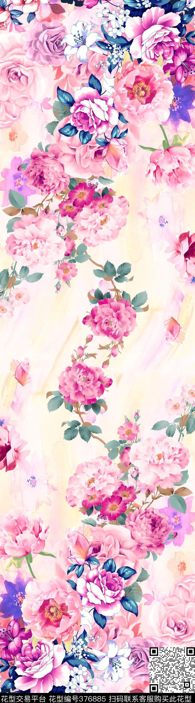 花卉背景长巾数码印花华亿平台下载（图片编号: 376885） - 瓦栏（Walan）