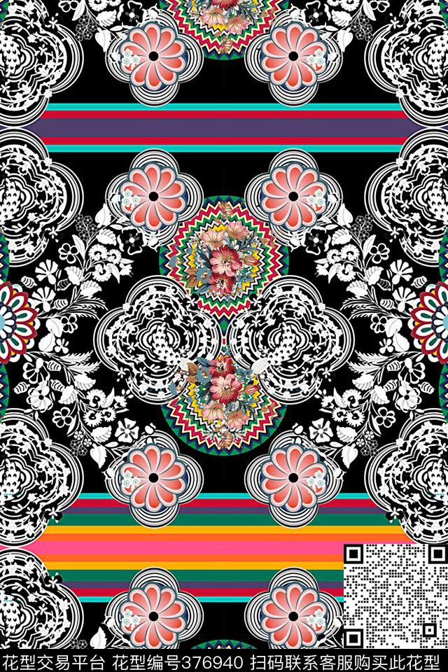 定位黑白几何花数码印花华亿平台下载（图片编号: 376940） - 瓦栏（Walan）