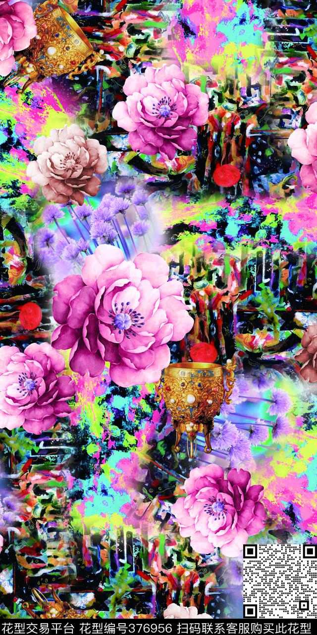 时尚油画抽象画花卉数码印花华亿平台下载（图片编号: 376956） - 瓦栏（Walan）