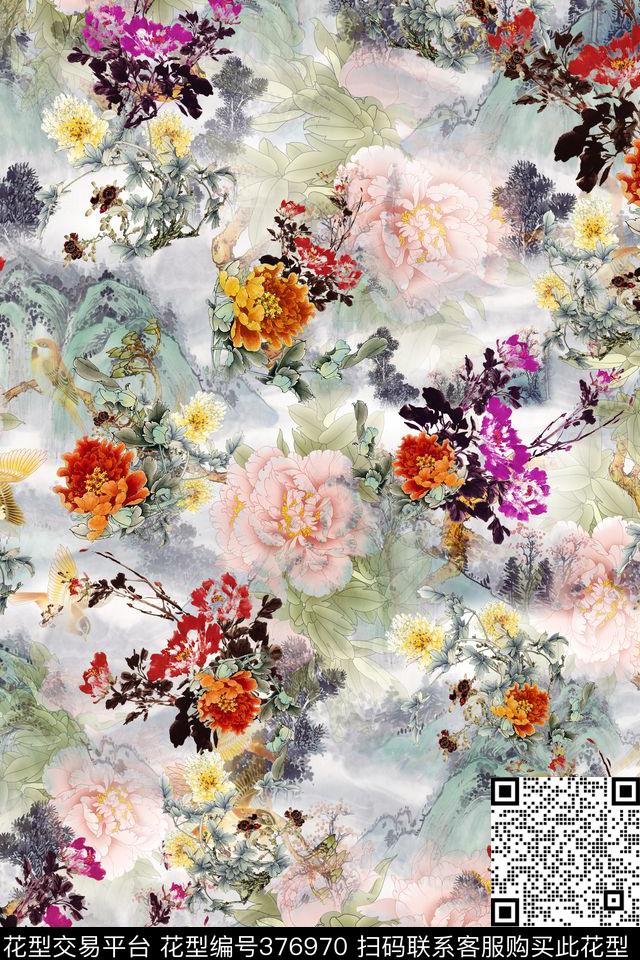 中国风水墨民族风数码印花华亿平台下载（图片编号: 376970） - 瓦栏（Walan）