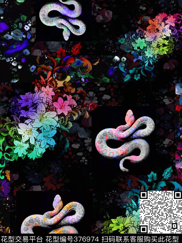 色彩花卉抽象蛇动物图案数码印花华亿平台下载（图片编号: 376974） - 瓦栏（Walan）