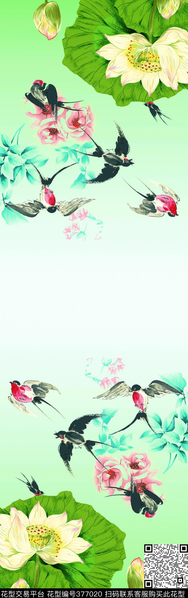荷花中国风数码印花华亿平台下载（图片编号: 377020） - 瓦栏（Walan）