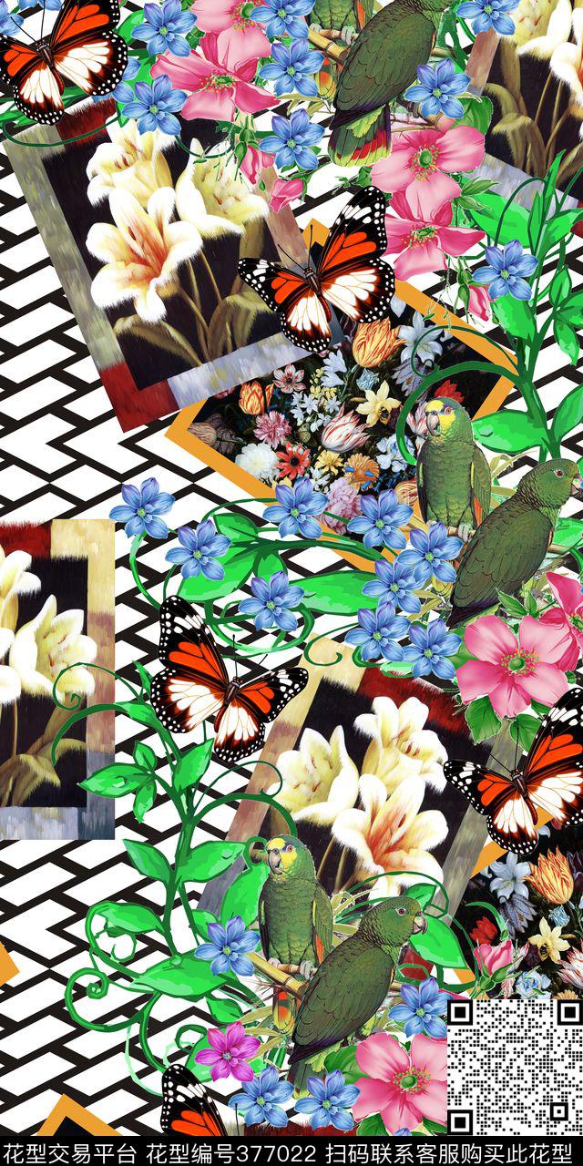 花卉混搭几何图案数码印花华亿平台下载（图片编号: 377022） - 瓦栏（Walan）