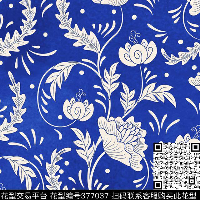 花卉蓝色传统印花华亿平台下载（图片编号: 377037） - 瓦栏（Walan）
