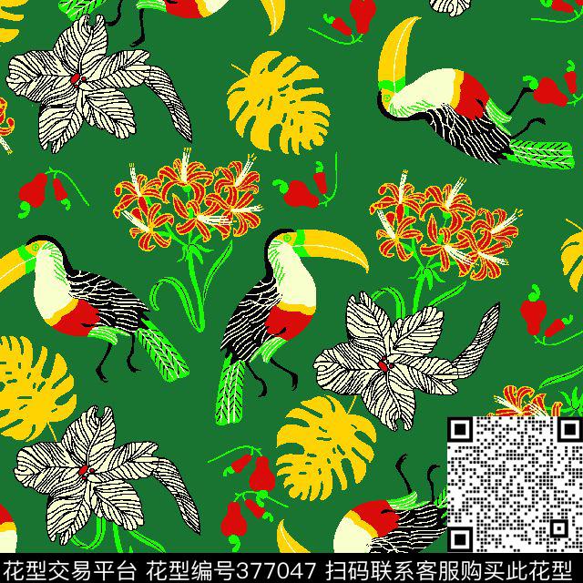 枫叶花朵亮色热带动植物传统印花华亿平台下载（图片编号: 377047） - 瓦栏（Walan）