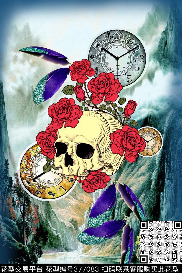 骷髅图案山水背景红花数码印花华亿平台下载（图片编号: 377083） - 瓦栏（Walan）