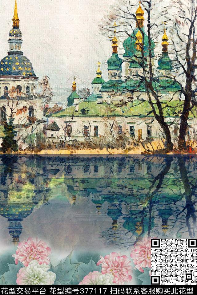欧式建筑风景荷花数码印花华亿平台下载（图片编号: 377117） - 瓦栏（Walan）